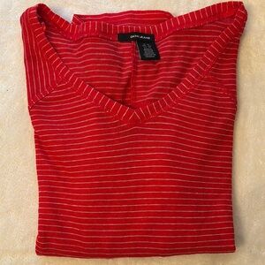 DKNY Jeans Red Striped V-Neck Top